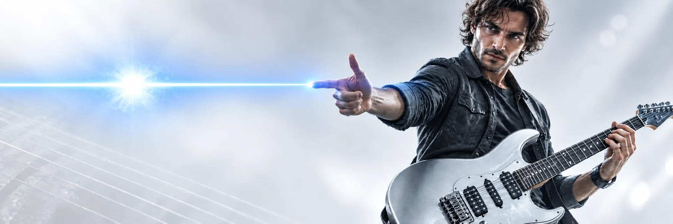 Guitarist pointing left and firing a blue laser from his fingertip into the glowing Finger Blast title